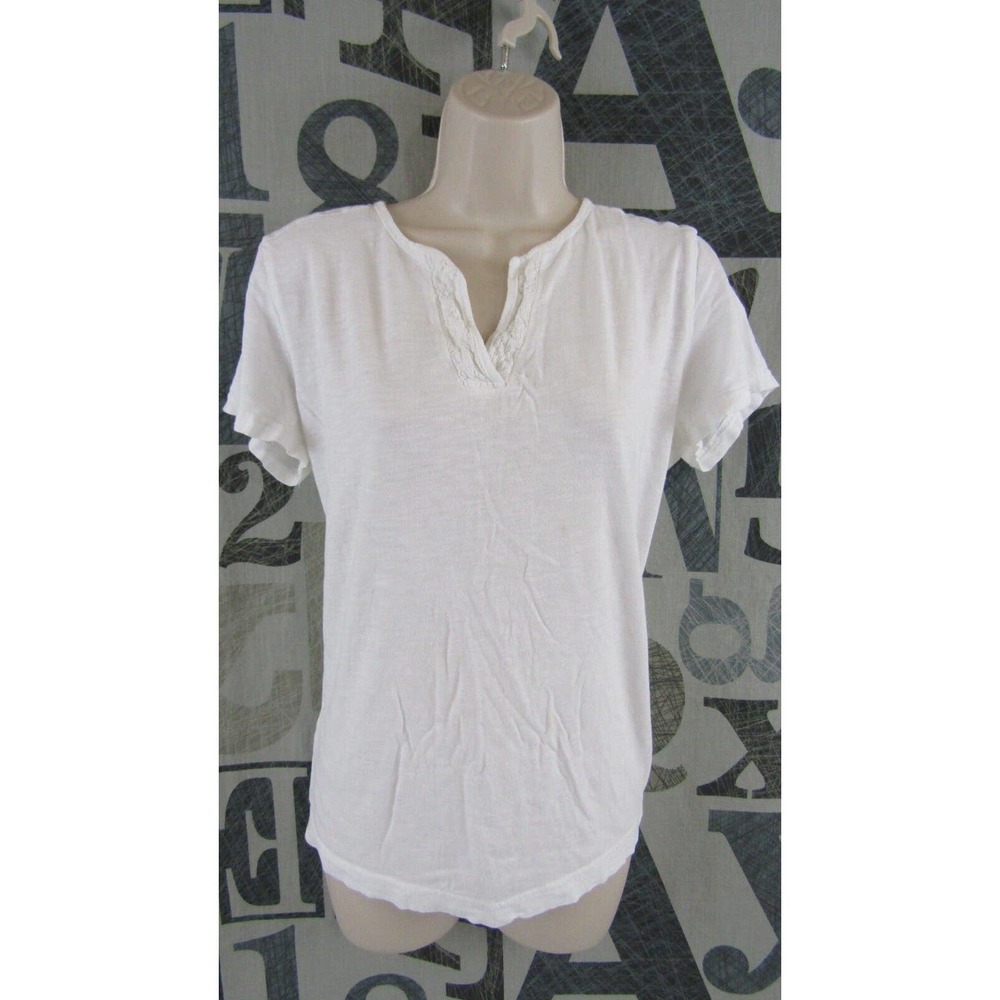 Eddie Bauer Women Large White Heather Embroidered V-Neck Knit Top Cotton Stretch